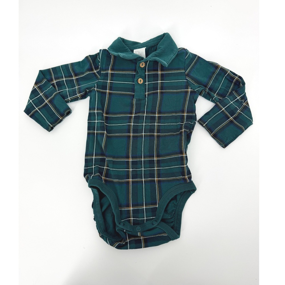 H&M Baby Boy Green Plaid Long Sleeve Henley Bodysuit Size 9M
